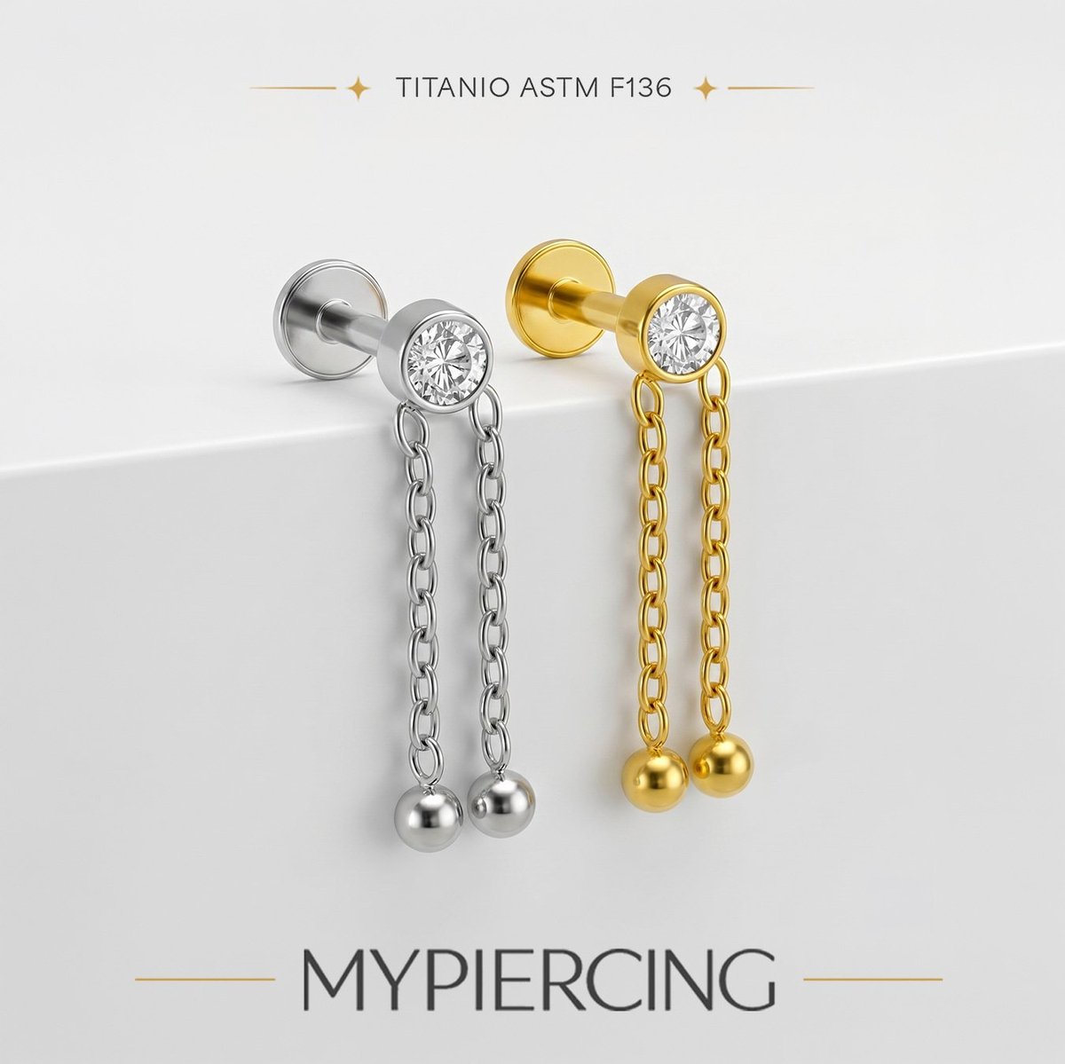 Labret Punto di Luce con 2 Catene e Beads in Titanio ASTM F136