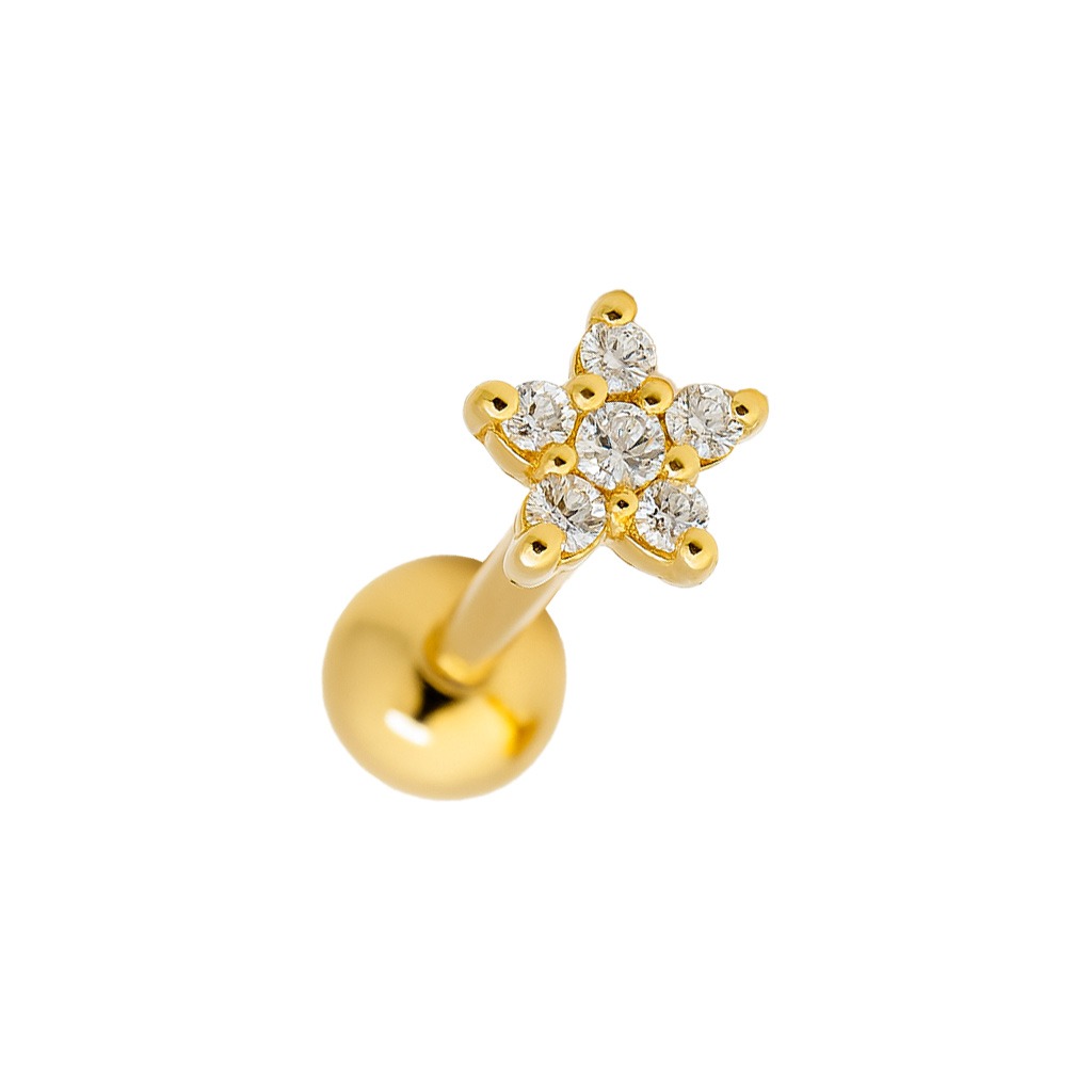 Micro Reto Mini Flor de Ouro 18k Cravejada de Zircônias