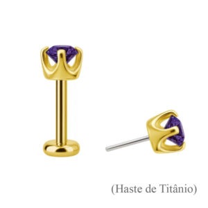 Topo de Ouro 18k e Ametista Push Pin com Haste de Titânio Labret