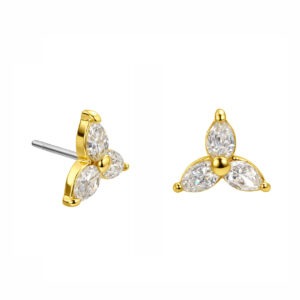 Topo push pin flor 3 pétalas zirconia premium ouro amarelo 18k
